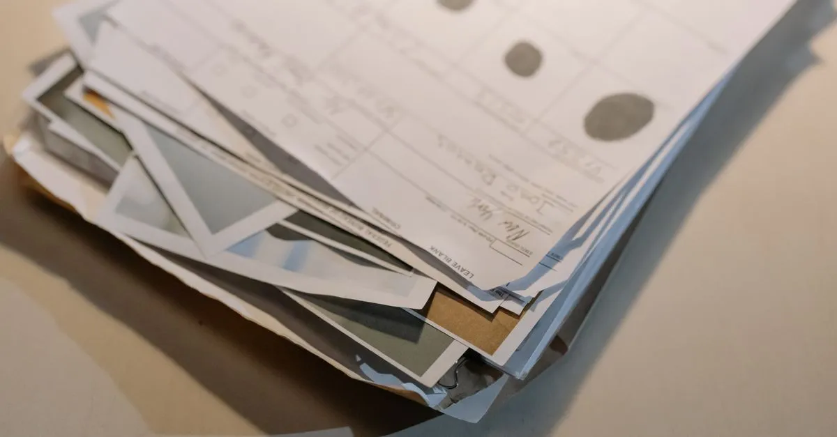 Stack of printed photos and documents on a desk ready to become a PDF