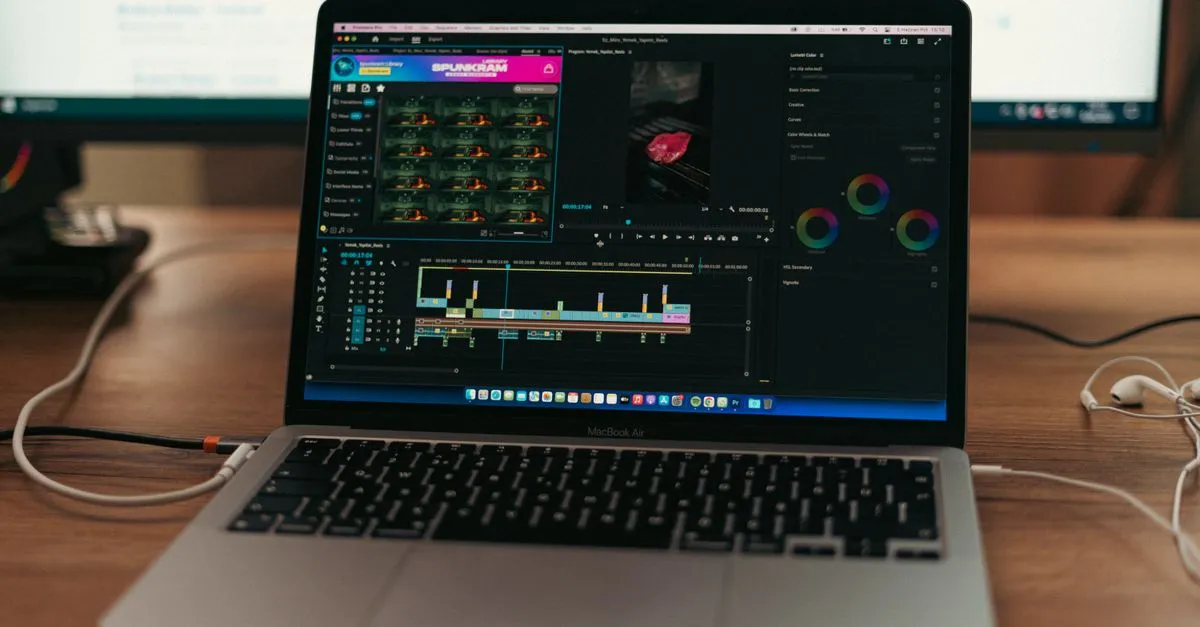 Laptop on a desk showing a video timeline, the setup people use for online screen recording